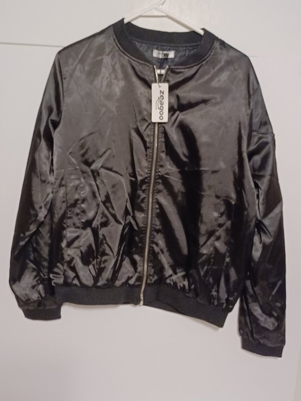 Zeagoo Women's Satin Bomber L Jacket Casual Black Windbreaker with Pockets